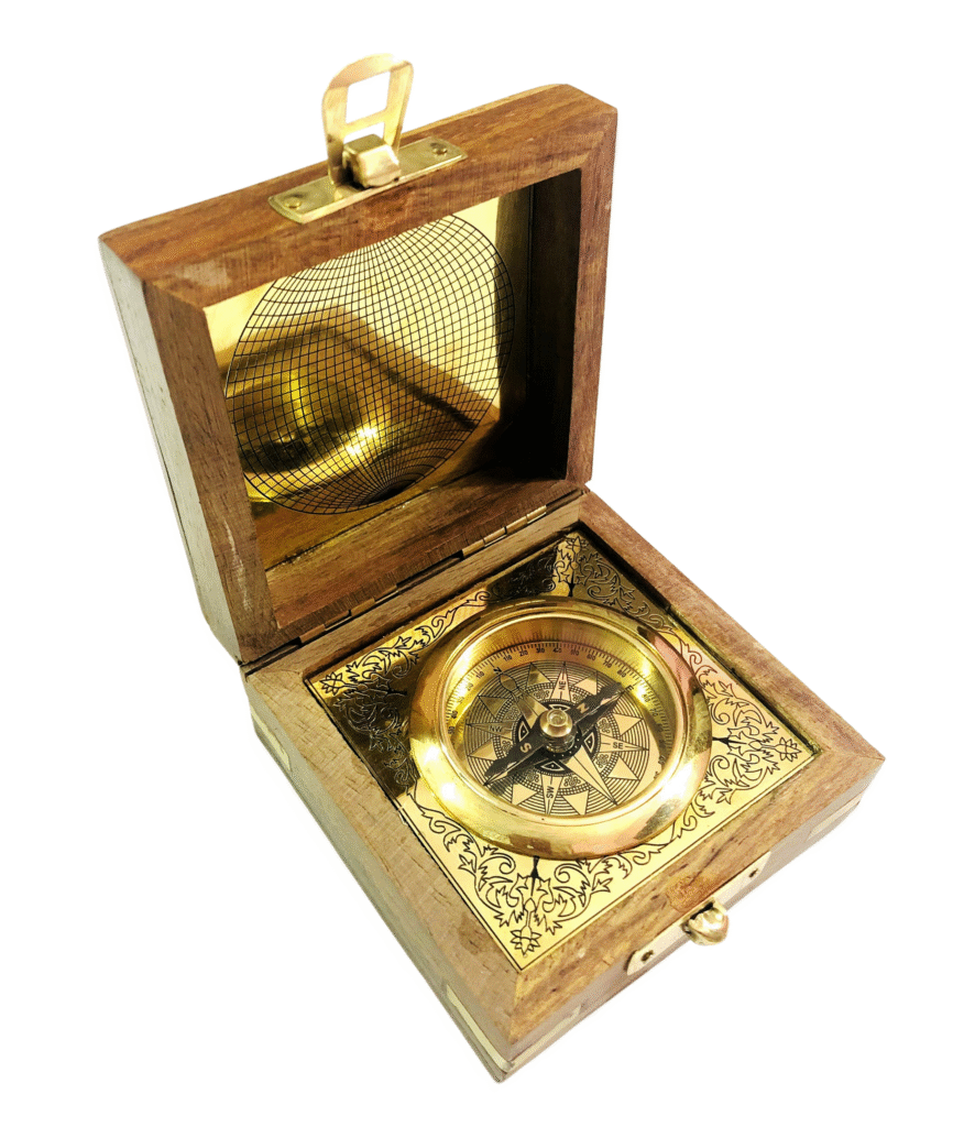 Top view of a vintage brass compass