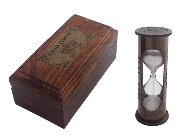 3.5" Antique Brown Brass White Sand Timer/Hourglass in Wood Box | Maritime Gift - Image 2