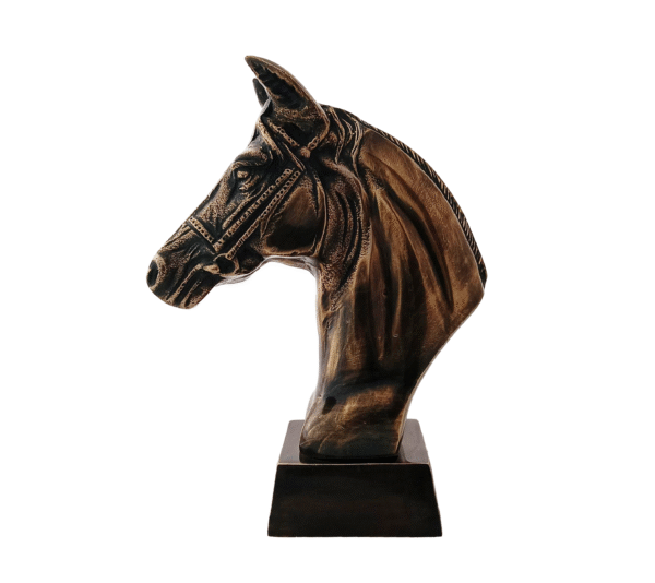 Side view of Antique Brass Finish Horse Bust Sculptures
