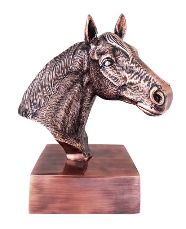 Side view of Antique Copper Finish Horse Head Bust Sculptures