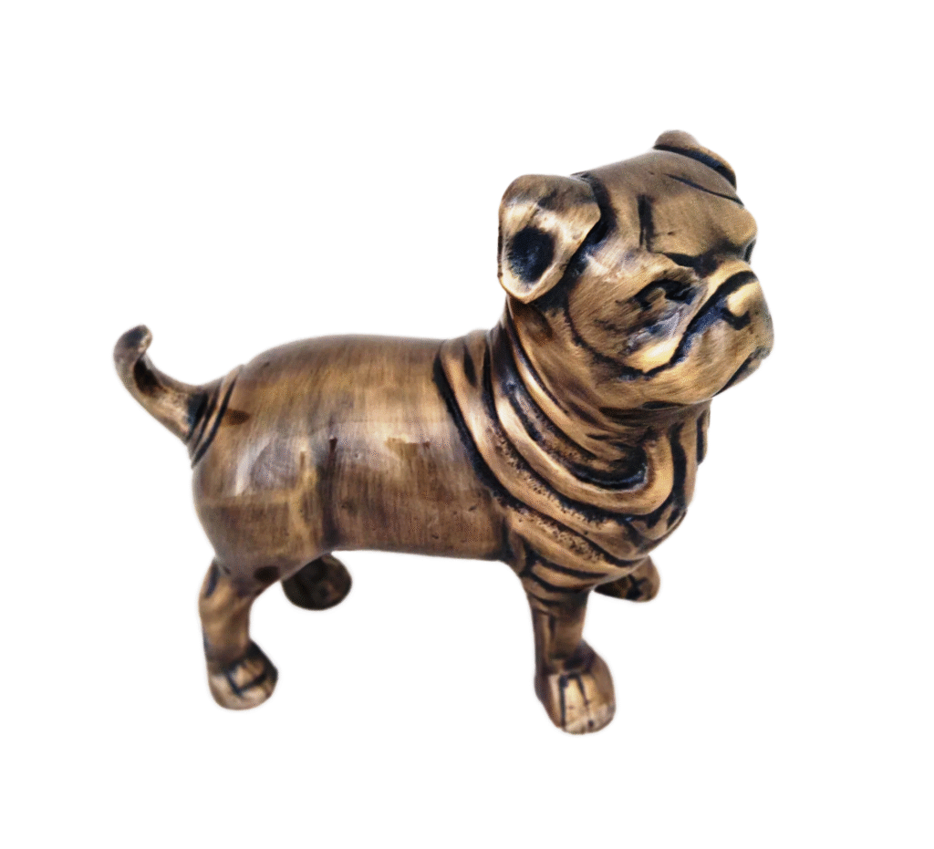 Side view of Antique Brass Finish Metal Pug Dog Sculptures