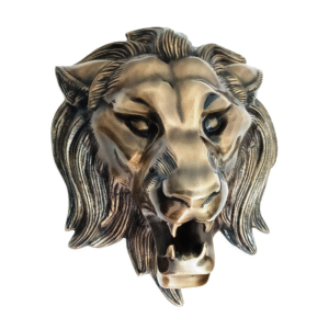 Front view of Antique Brass Finish Metal Lion Head Sculptures