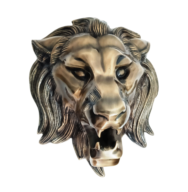 Front view of Antique Brass Finish Metal Lion Head Sculptures