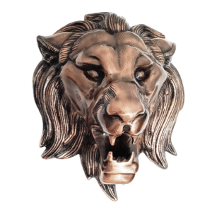 Front view of Antique Copper Finish Metal Lion Head Sculptures