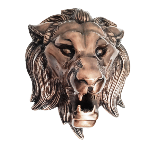 Front view of Antique Copper Finish Metal Lion Head Sculptures
