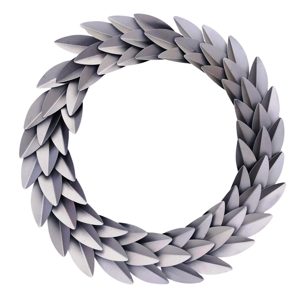 Front view of Silver Metal Laureal Round Wreath