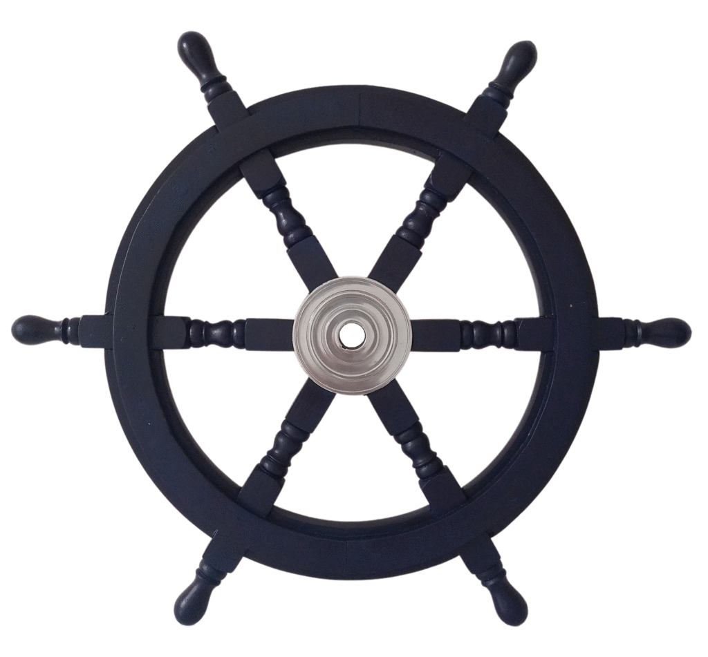Front view of 24" Dark Blue Wooden ship wheel