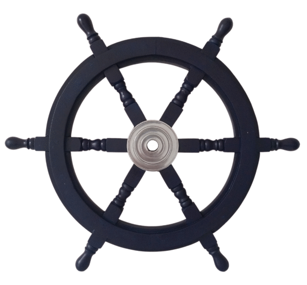 Front view of 24" Dark Blue Wooden ship wheel