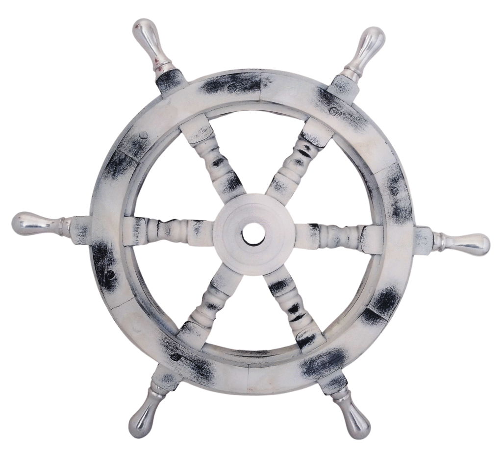 Front view of 18" White Wooden ship wheel
