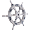 Left side view of 18" White Wooden ship wheel