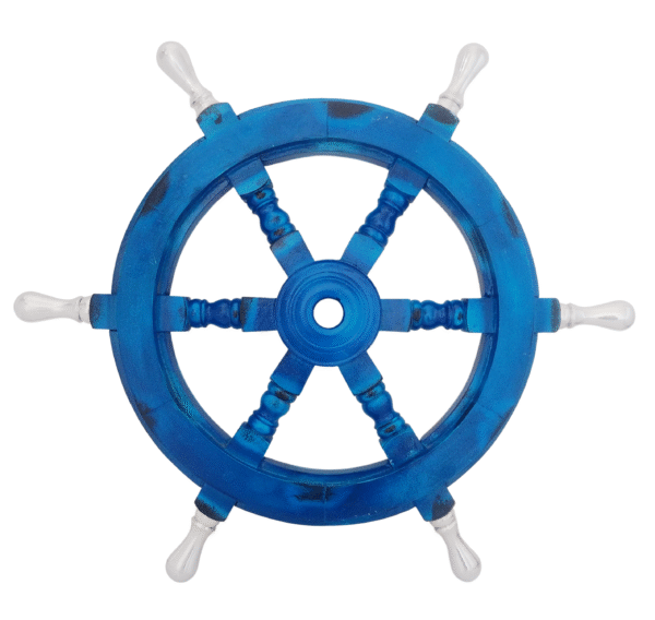 Front view of 18" Blue Wooden ship wheel