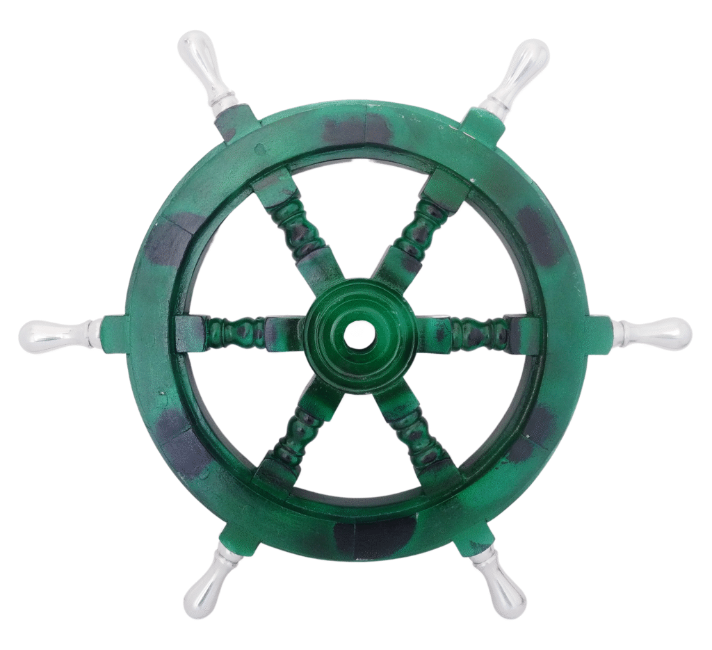 Front view of 18" Green Wooden ship wheel
