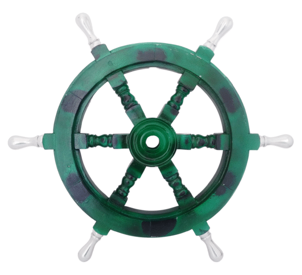 Front view of 18" Green Wooden ship wheel