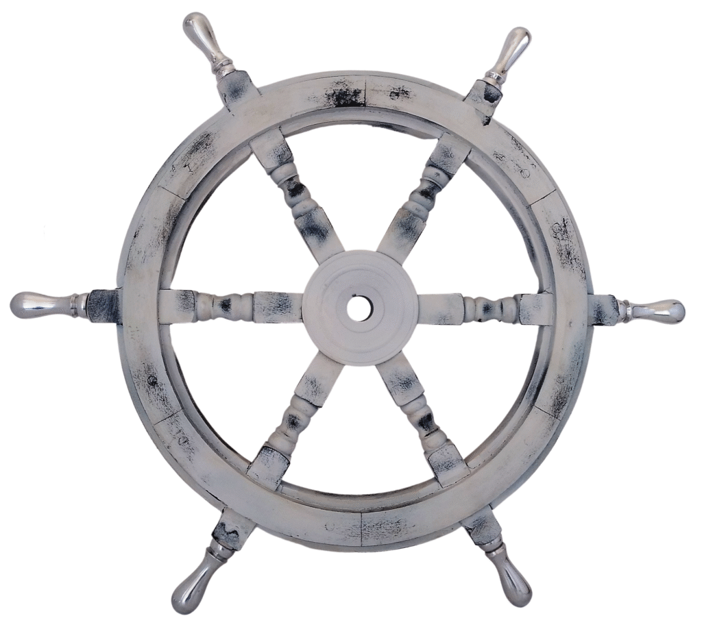 Front view of 24" White Wooden ship wheel