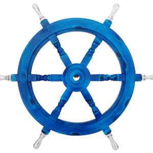 Front view of 24" Blue Wooden ship wheel