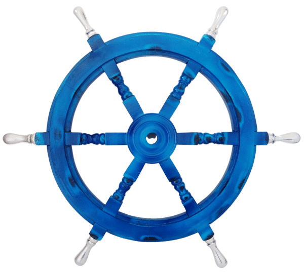 Front view of 24" Blue Wooden ship wheel