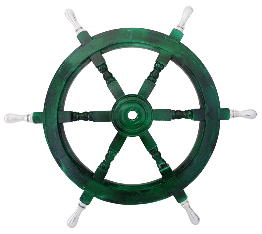 Front view of 24" Green Wooden ship wheel