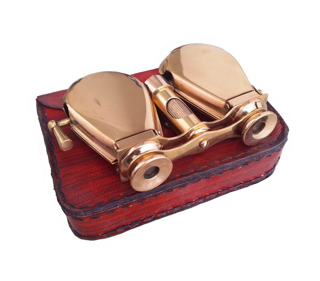 Top view of Brass Folding Binoculars with Leather Case