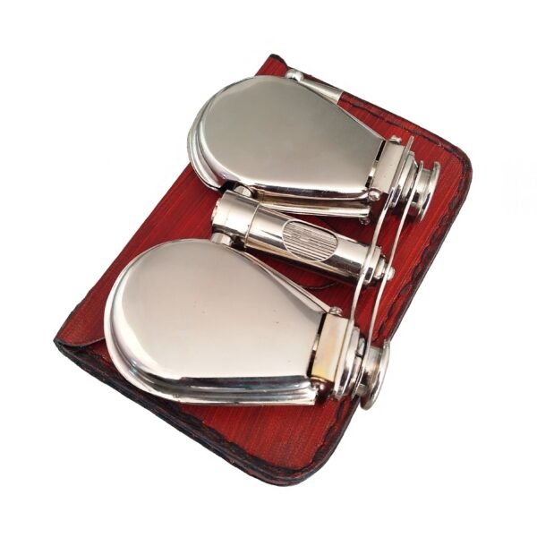 Top view of Nickel Plated Brass Folding Binoculars with Leather Case